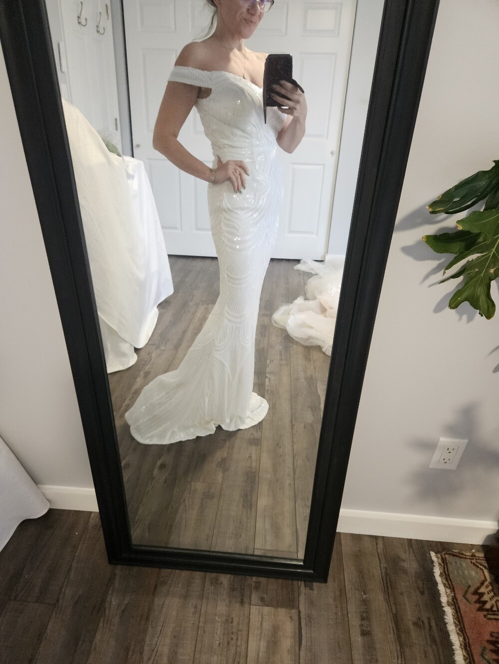 Elegant Off-Shoulder Sequin Evening Gown - White